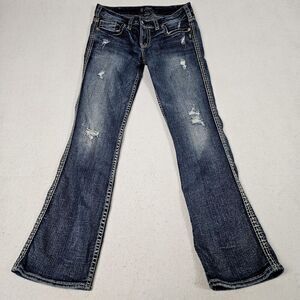 Silver Jeans Aiko Flap Bootcut 30x31 Blue Denim White Patch Embroidered